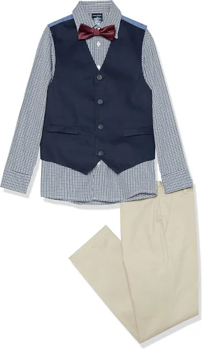 Vista 20 de Nautica Conjunto de traje formal de 4 piezas para niños con chaleco, pantalones, camisa de vestir con cuello y corbata Lino Azul
