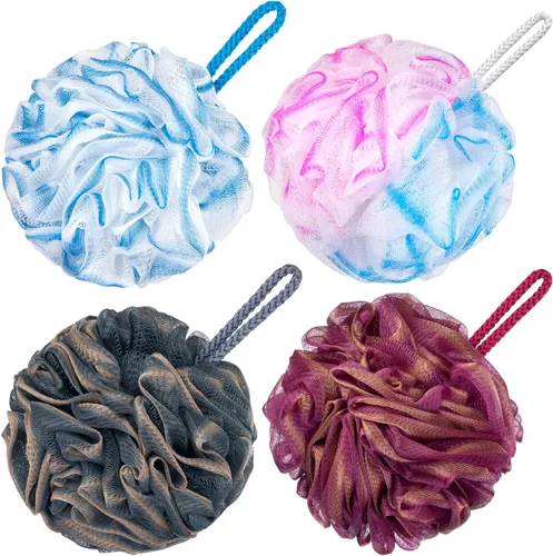 Vista 11 de VANZAVANZU Esponja de ducha grande de 2.82 oz de esponja de baño, puf de malla para hombres y mujeres, juego de 4 (negro con blanco)