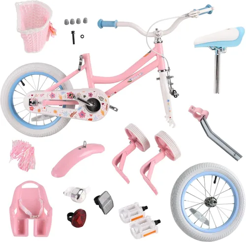 Vista 7 de RULLY 12 14 16 Inch Girls Bike for 2-7 Year Olds, Daisy Kids Bicycle with Training Wheels, Basket & Doll Seat, Retro Toddler Bike with Coaster