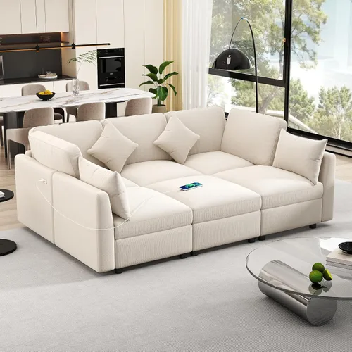 Vista 19 de JIVOIT Sofá modular modular de 93.7 pulgadas con otomana móvil, moderno en forma de U, sofá cama en forma de L con reposabrazos de almacenamiento