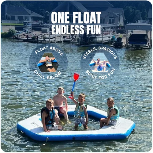 Vista 3 de Alfombrilla de agua inflable – Plataforma flotante triangular de 9 pies con malla Hamaca de agua resistente flotador de lago