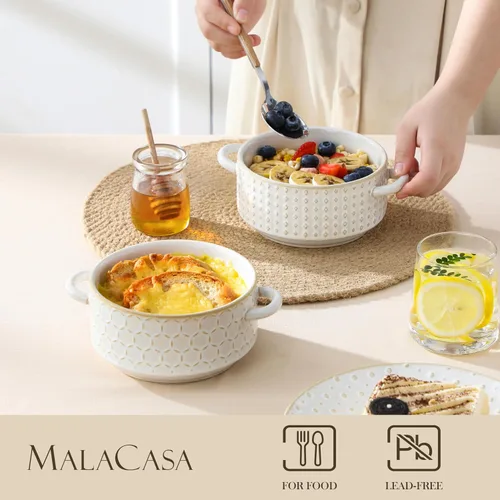 Vista 3 de MALACASA Juego de 4 cuencos de cerámica de 20 oz con asas – Cuencos de sopa de cebolla francesa aptos para horno y microondas, patrones únicos