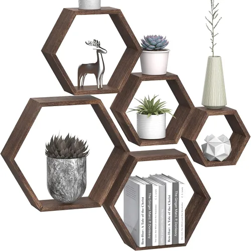 Vista 4 de Estantes flotantes hexagonales para decoración de pared, juego de 5 estantes de pared de panal de abeja, estante de almacenamiento flotante
