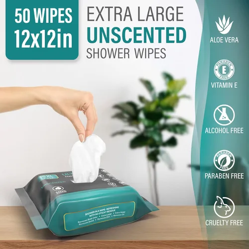Vista 2 de Toallitas XXL para adultos mayores, toallitas higiénicas sin enjuague para ducha, viajes y campamento, 12 x 12 pulgadas, sin perfume, paquete de 50