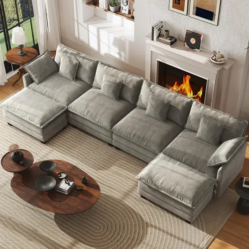 Vista 19 de Sofá de nube en forma de L de 77 pulgadas, sofá modular con otomana, cómodo sofá biplaza de felpilla con almohada para sala de estar, dormitorio