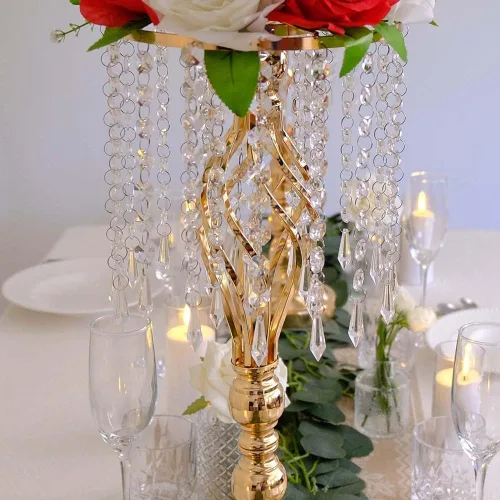 Vista 4 de 6 piezas 21.65 pulgadas Jarrones de flores dorados para boda, jarrones de metal con cristal para centros de mesa, jarrones de boda para decorar mesas