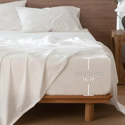 Vista 3 de MooMee Sábana bajera ajustable de solo 100% algodón lavado con textura parecida al lino, transpirable, duradera, suave, cómoda, bolsillo profundo
