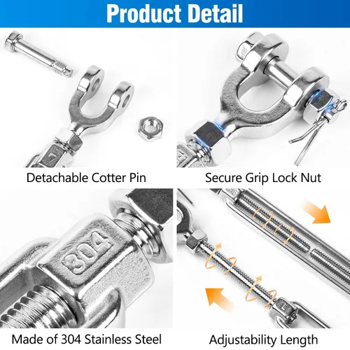 Vista 6 de 2 tensores M12 de 1/2 pulgada de acero inoxidable 304 de mandíbula y mandíbula tensor de mandíbula, tensor de cable resistente, límite de carga