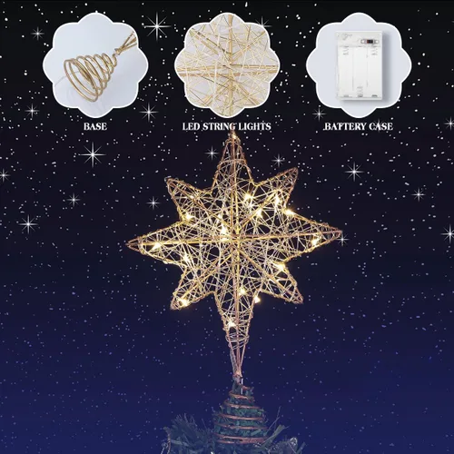 Vista 6 de Yardwe Decoración de estrella para árbol de Navidad, 11.8 pulgadas, adorno de alambre iluminado con 20 luces LED, adorno superior para decoración