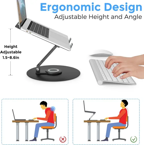 Vista 6 de Soporte giratorio para computadora portátil para escritorio, soporte de computadora de aluminio de altura ajustable con base giratoria de 360