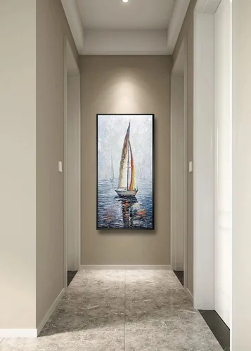 Vista 8 de V-inspire Arte, 24 x 48 pulgadas, moderno marco abstracto pintado a mano, pinturas al óleo, barco de vela en el mar, lienzo acrílico, pintura