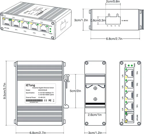Vista 8 de Mini interruptor Gigabit de 5 puertos industrial, interruptor Ethernet de riel DIN RJ45 10/100/1000Mbps,12 ~ 48 V CC para torre de cámara lP, antena