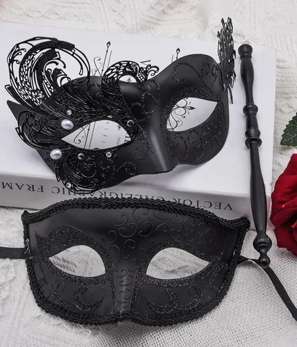 Vista 4 de SIQUK Máscaras de máscaras para parejas con palo, máscara veneciana de metal en un palo, máscara de disfraz de Halloween, máscara de Mardi Gras
