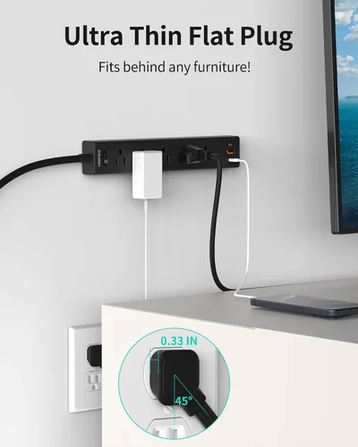 Vista 4 de HOPOW Regleta de alimentación de enchufe plano, cable de extensión ultrafino de 3 pies, protector de sobretensiones con 5 salidas y 3 puertos USB