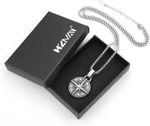 Vista 6 de HZMAN Collar de brújula náutica vikinga para hombres y niños, acero inoxidable, vintage, marinero, vegvisir, brújula, amuleto, joyería de regalo