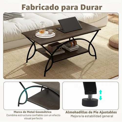 Vista 7 de GOFLAME Mesa auxiliar industrial, mesa central rectangular de 2 niveles con estante de almacenamiento, mesa decorativa con marco de metal arqueado
