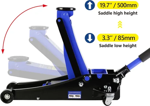 Vista 3 de PULLAFUN Gato de piso de perfil bajo de 3 toneladas, capacidad de 6600 libras con pistón doble, bomba de elevación rápida de acero estable