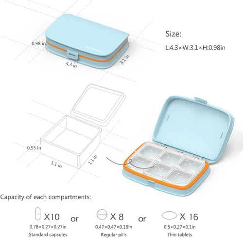 Vista 6 de Pastillero delgado – Organizador de pastillas portátil con compartimentos extraíbles – Pastillero a prueba de fugas para medicación diaria