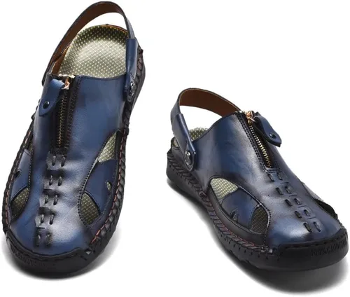 Vista 6 de Sandalias de playa de cuero con punta cerrada para hombre,Sandalias impermeables de pescador de moda hechas a mano,Zapatillas de agua casuales