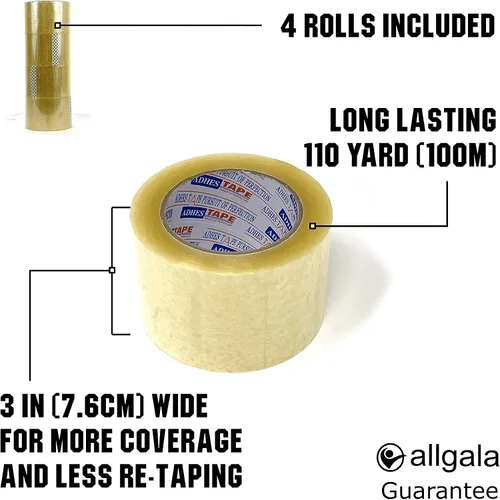 Vista 2 de Allgala Paquete de valor de cinta de embalaje de sellado de cartón resistente, transparente (4 rollos) 3 "x110-TP10003