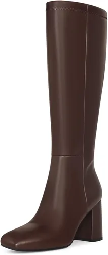 Vista 9 de SOVANYOU Botas altas de piel sintética para mujer, punta cuadrada, tacón grueso, hasta la rodilla, con cremallera lateral Negro