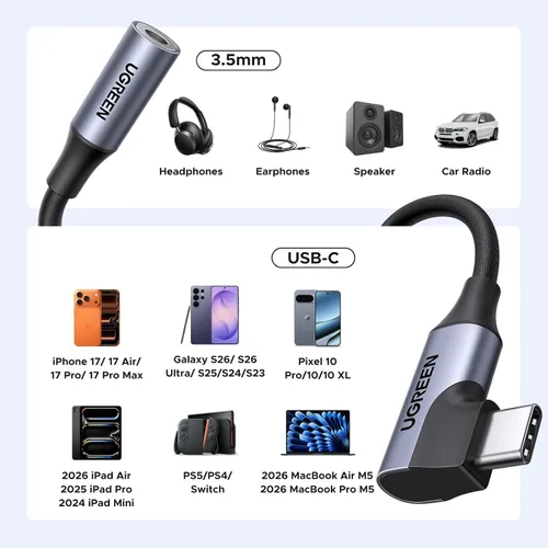 Vista 8 de UGREEN Adaptador de audio USB C a 0.138 in de ángulo recto tipo C conector auxiliar para auriculares 24bit 96kHz HiFi DAC, Braided Cable, Supports