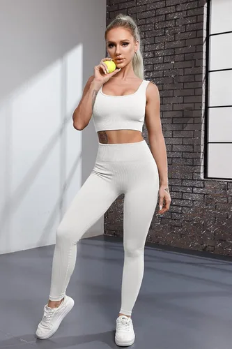 Vista 3 de QINSEN FAFOFA - Conjunto de 2 piezas de entrenamiento, para mujer, brasier deportivo sin costuras, cintura alta, leggings de yoga.