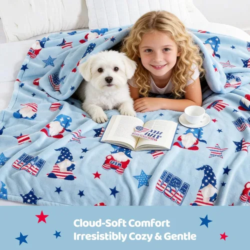 Vista 4 de Cozy Bliss Manta patriótica de gnomo, manta cálida para el 4 de julio, manta de felpa lechosa, ultra suave y acogedora para sofá, sofá y cama, azul