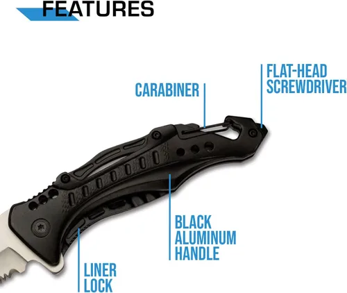 Vista 4 de MTech USA Cuchillo plegable - Hoja de acero inoxidable con acabado satinado parcialmente dentado, mango de aluminio negro, mosquetón, abrebotellas