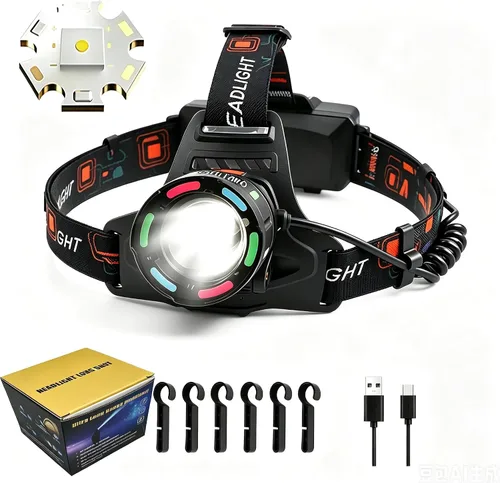 Vista 9 de Linterna frontal recargable 150000LM lámpara de cabeza brillante, 40H Cable Tipo-C linterna frontal ajustable para exteriores, 4 modos de luces