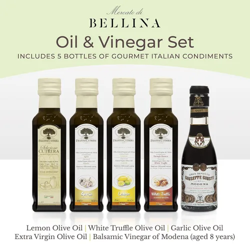 Vista 3 de Mercato di Bellina Juego de regalo de aceite de oliva italiano y balsámico, mini vinagre balsámico, trufa, ajo y aceite de oliva con sabor a limón