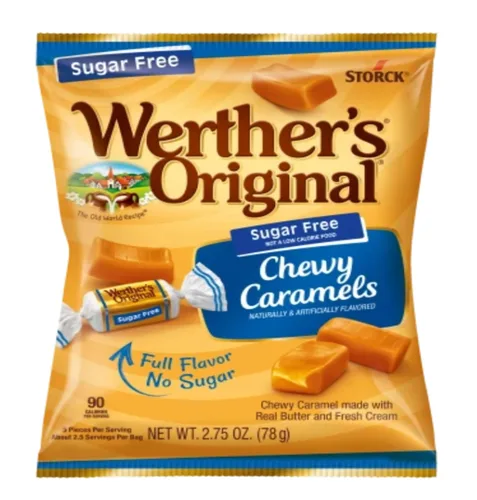 Vista 2 de Werther's Original Paquete de variedad sin azúcar de 4 - Una bolsa de cada sabor - Caramelos duros, caramelo con café, caramelo con chocolate