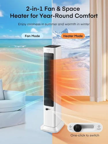 Vista 2 de FOHERE Ventilador de torre oscilante y calentador de espacio en uno para uso en interiores, ventilador de alta velocidad y calentador de seguridad