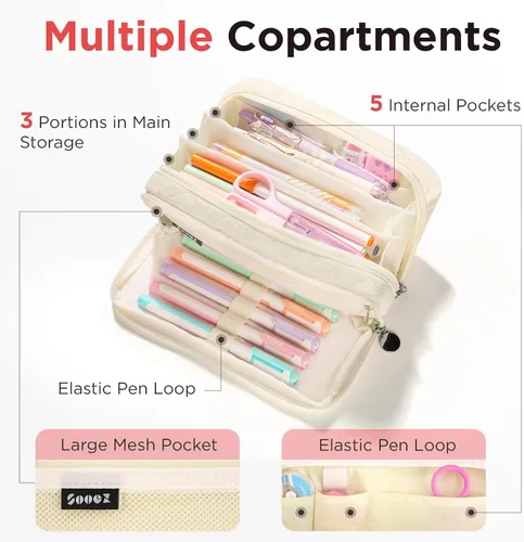 Vista 4 de Sooez Estuche grande para lápices, bolsa para lápices extra grande con 8 compartimentos, bolsa para bolígrafos de apertura amplia, organizador