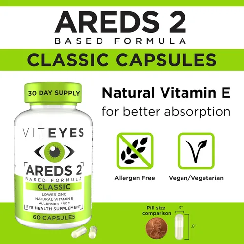 Vista 3 de Viteyes AREDS 2 Vitaminas oculares, soporte macular clásico, cápsulas libres de alérgenos, con vitamina E natural, vitamina C, zinc, cobre, luteína