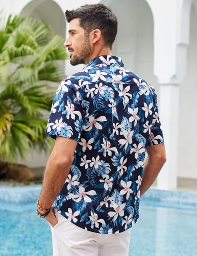 Vista 3 de COOFANDY Camisas hawaianas de manga corta para hombre, estilo casual, con botones, para playa tropical