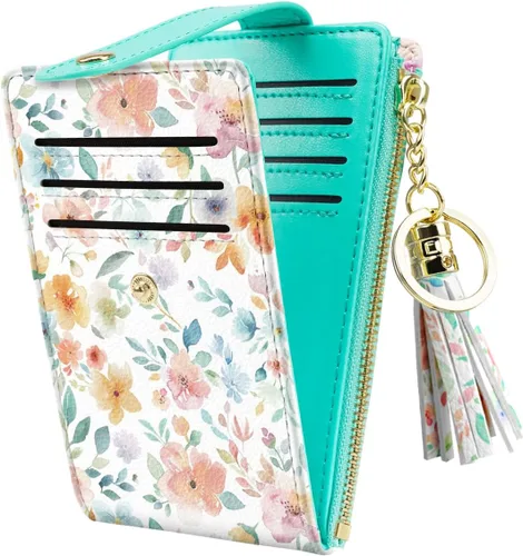 Vista 20 de Cartera delgada con bloqueo RFID para mujer, cartera de cuero con múltiples tarjetas, cartera plegable con borla, bolsillo con cremallera