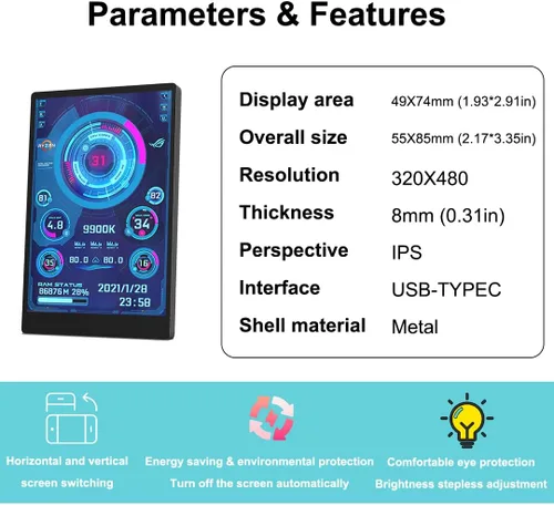 Vista 5 de WOWNOVA Monitor de temperatura de computadora versión en inglés, pantalla ARGB para PC, Mini pantalla IPS USB, monitor de datos HDD CPU RAM