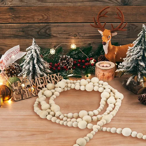 Vista 4 de 2 piezas de guirnalda de cuentas de madera para Navidad, guirnalda de cuentas de madera de 14.4 pies para decoración de árbol de Navidad, cuentas
