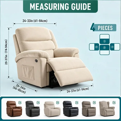 Vista 6 de YEMYHOM Funda elástica de 4 piezas para silla reclinable de jacquard con bolsillo lateral, antideslizante, ajustable, protector de muebles con parte