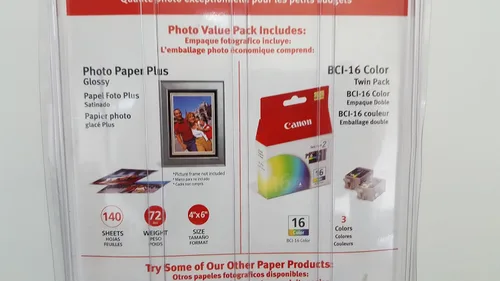 Vista 3 de CANON Paquete económico de fotos (9818A007) 2 depósitos de tinta de color BCI-16 con 140 hojas de papel fotográfico brillante de 4 x 6