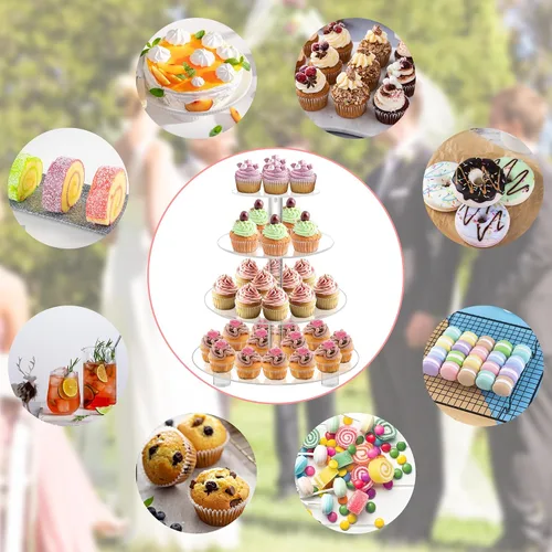 Vista 6 de YestBuy Soporte redondo de acrílico para cupcakes de 4 niveles con base, soporte premium para cupcakes, torre de exhibición de cupcakes de acrílico