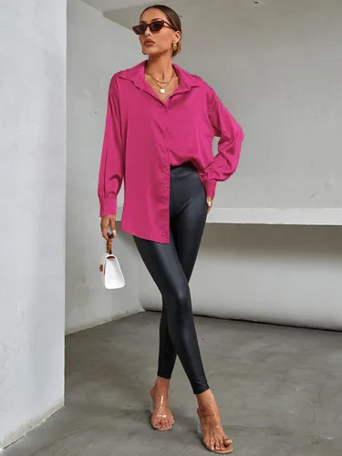Vista 5 de LYANER Blusa de manga larga con cuello en V y botones de seda satinada para mujer