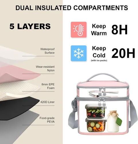Vista 3 de EVERFUN Insulated Lunch Bag Soft Lunch Box for Men Dual Compartments Small Lunch Box Collapsible Waterproof Leak-Proof for Work
