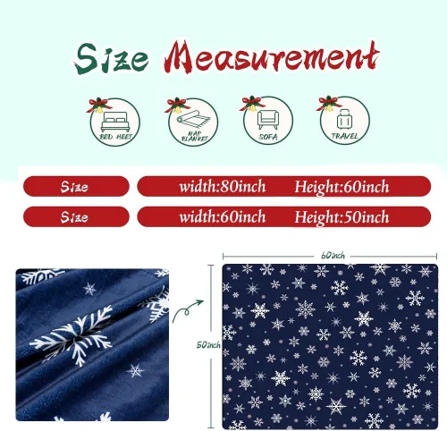 Vista 6 de Manta de Navidad con copos de nieve azul, manta de franela de forro polar súper suave, manta de invierno de felpa cálida, decoración navideña