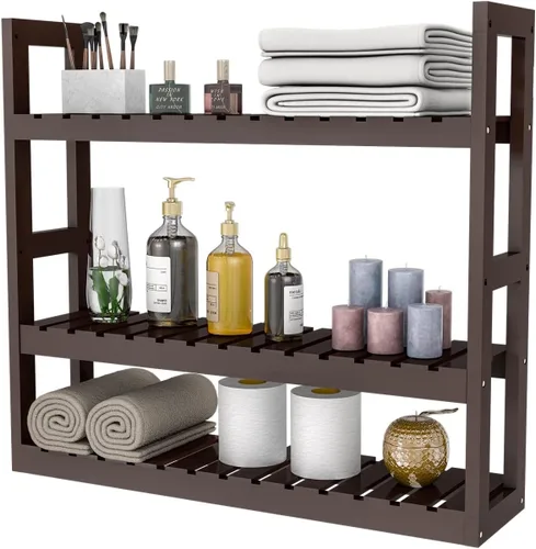 Vista 10 de Estante Domax de bambú, para baño, 3 niveles de montaje en pared, multifuncional, capa ajustable, de pie, para colocar por encima del inodoro