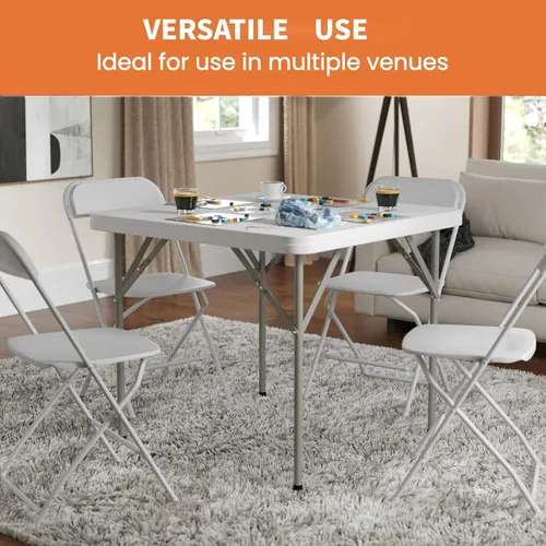 Vista 7 de Mesa plegable cuadrada de 34 pulgadas plegable por la mitad, mesa portátil de comedor de alta densidad resistente con asa de transporte, mesas