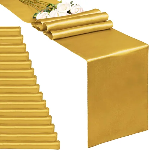 Vista 21 de Paquete de 20 caminos de mesa dorados de satén de 12 x 108 pulgadas de largo para bodas, decoraciones para fiestas de cumpleaños, banquetes