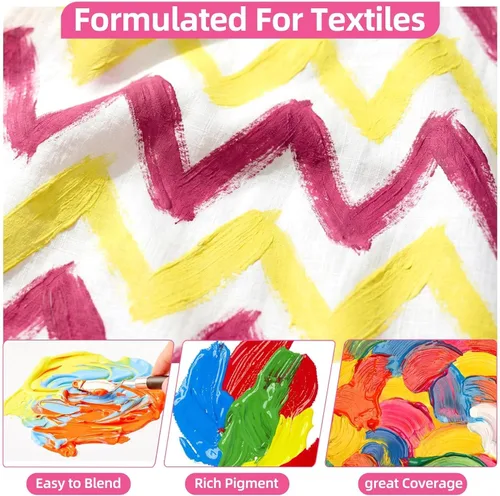 Vista 3 de Colorful Pintura permanente para tela, 14 colores de pintura de tela suave en botellas (1.0 fl oz/1 oz) con pinceles, paleta, pintura textil