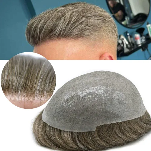 Vista 48 de Pieza de pelo para hombre, sistema de reemplazo de cabello de piel ultra fina para hombres, pieza de pelo de tupé para hombres, cabello humano real